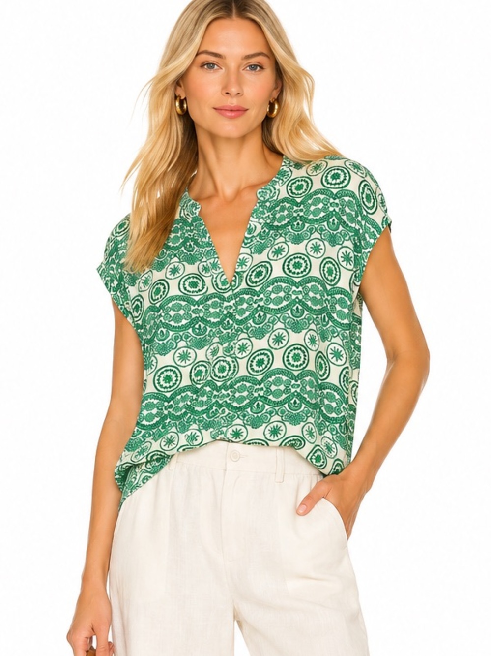 Iris Firenze Italian Green Paisley Medallion Print Viscose Blouse Top L on
